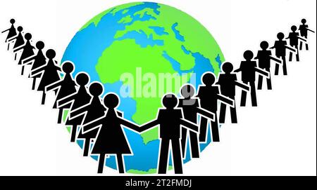 Silhouettes of men and women holding hands forming a V with the earth in the background Stock Photo
