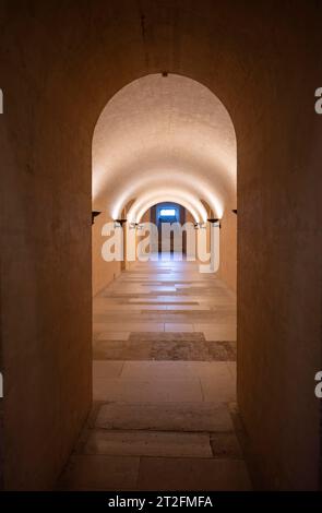 Interior view Corridor in the crypt, National Hall of Fame Pantheon, Montagne Sainte-Genevieve or Hill of Saint Genoveva, Paris, France Stock Photo