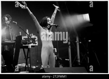 PJ HARVEY, GLASTONBURY FESTIVAL, 1995: PJ Harvey plays the Main Stage at the Glastonbury Festival, Pilton Farm, Somerset, England, 24 June 1995. In 1995 the festival celebrated its 25th anniversary. There was no pyramid stage that year as it had burned down. Photo: ROB WATKINS.   INFO: PJ Harvey is an acclaimed British singer-songwriter and musician known for her distinctive voice and eclectic style. With multiple awards, including the Mercury Prize, her influential work spans rock, punk, and alternative genres, making her a pivotal figure in contemporary music. Stock Photo