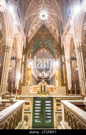 Stained glass window in St. Patrick's Cathedral is a decorated neo-Gothic Catholic Stock Photo