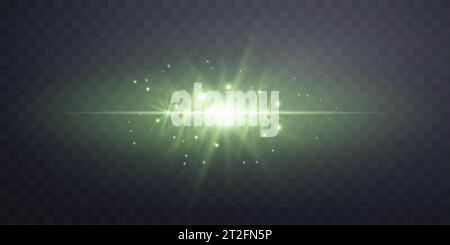 Green horizontal lensflare. Light flash with rays or green spotlight. Glow flare light effect. Vector illustration. Isolated on dark transparent backg Stock Vector