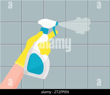 Houseworker wipes the surface. Hands in blue gloves clean tiles with spray and wipe. Cleaning and disinfection. Sanitizing home. Vector illustration. Stock Vector