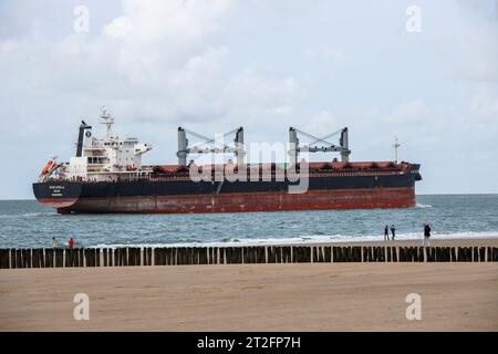 the bulk carrier vessel Star Capella is passing the beach in Dishoek on Walcheren, Zeeland, Netherlands. der Massengutfrachter Star Capella passiert d Stock Photo