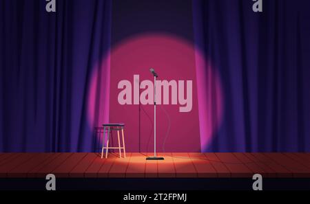 Theater stage for stand up show vector illustration. Cartoon scene of comedy club with microphone on stand and open purple curtains, wooden stool and spotlight circle for talent comedian on floor Stock Vector