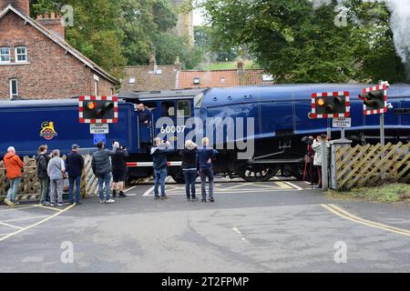 LNER Class A4 Pacific No 60007 Sir Nigel Gresley leaving Pickering station on the North Yorkshire Moors Railway during its 50th anniversary gala. Stock Photo