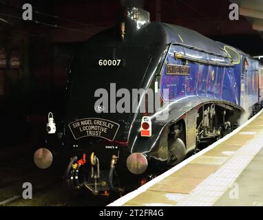 LNER Class A4 Pacific No 60007 Sir Nigel Gresley at Crewe station after arriving with the Fellsman rail-tour from Carlisle. 20.09.2023. Stock Photo
