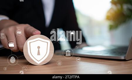Businessman holding virtual global communication network. Business global internet connection application technology and digital marketing, Financial Stock Photo