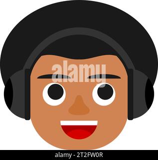 Cute black boy listening to music. Black boy avatar. Black boy emoji. Stock Vector