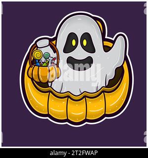 White Ghost On Big Pumpkin Cartoon. Halloween Sticker Logo. Vectors and Illustrations. Stock Vector