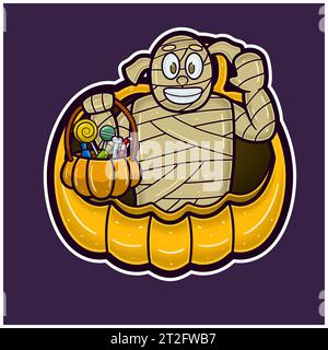 Mummy On Big Pumpkin Cartoon. Halloween Sticker Logo. Vectors and Illustrations. Stock Vector