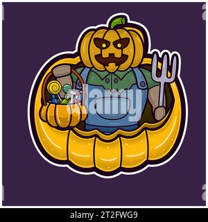Monter Pumpkin On Big Pumpkin Cartoon. Halloween Sticker Logo. Vectors and Illustrations. Stock Vector