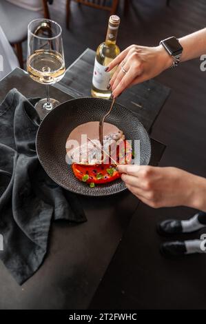 Create Fish Roe Puree Sea bass or dorado fillet with sweet potato puree and flying fish roe ...