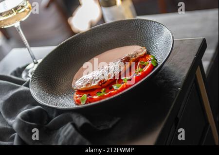 Fish Roe Puree Sea bass or dorado fillet with sweet potato puree and flying fish roe ...