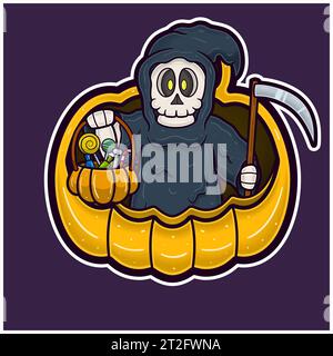 Grim Reaper On Big Pumpkin Cartoon. Halloween Sticker Logo. Vectors and Illustrations. Stock Vector