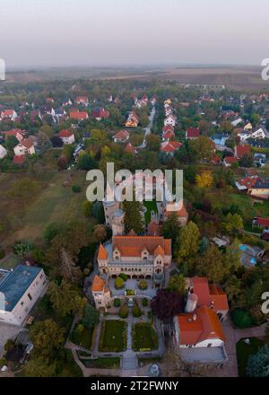 Bory castle is a cute attraction in Szekesfehervar city, Hungary. Aerial view of the amazing building at sunrise time. Stock Photo