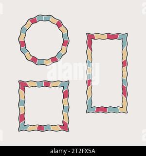 Frames, festive border Set. Hand drawn paint brush wave line strokes. Doodle cartoon style design. Circle wreath, square, rectangle geometric shapes Stock Vector