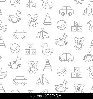Baby toys seamless pattern with line doodle icons Stock Vector