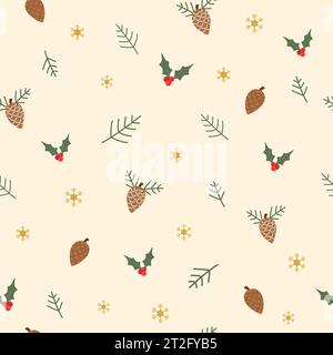 Christmas and winter themed seamless pattern, with pineapples, hollies and golden snowflakes on light yellow background Stock Vector