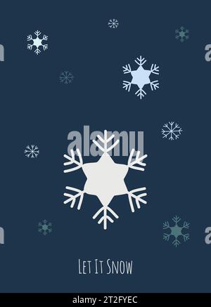 Christmas greeting card with snowflakes in different colors, blue background and the text Let it Snow Stock Vector