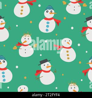 Christmas and winter themed seamless pattern, with snowmen on green background Stock Vector