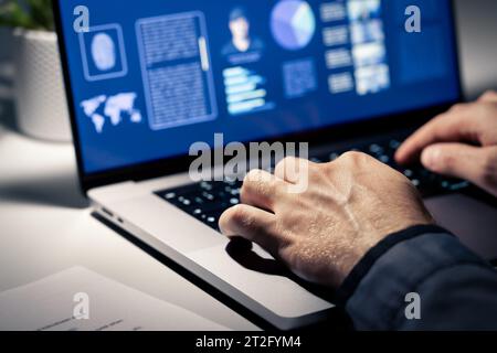 Criminal case investigation. Police or private detective using computer. Evidence document and profile of crime suspect with photo in laptop. Stock Photo