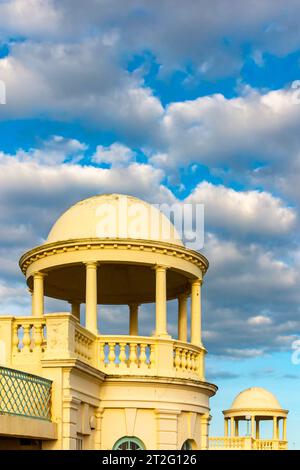 Decorative domed shelters and balustrades on the promenade seafront at Bexhill on Sea a coastal resort in East Sussex, south East England UK. Stock Photo