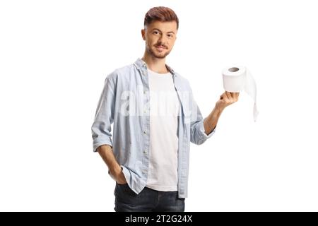 Guy holding a toilet paper roll isolated on white background Stock Photo