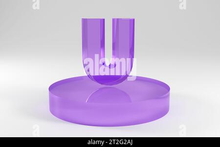 3d alphabet, letters shape made of purple glass on grey background, 3d render, letter U Funny design concept Stock Photo