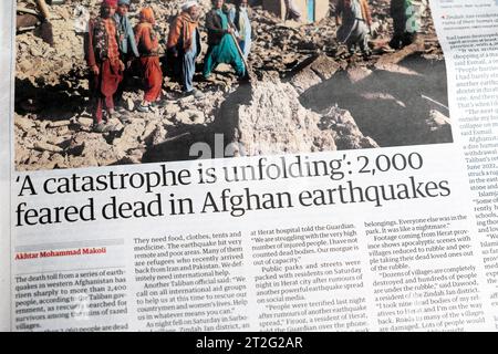 'A catastrophe is unfolding: 2000 feared dead in Afghan earthquakes' Guardian newspaper headline Afghanistan earthquake article 9 October 2023 London Stock Photo