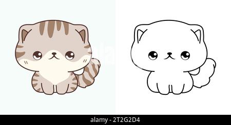 Set Clipart Rabbit Coloring Page and Colored Illustration. Kawaii Isolated Baby Kitten.  Stock Vector