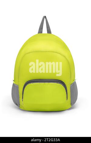 blank green backpack with zipper and shoulder straps isolated on white background. travel daypack rucksack. folding nylon school backpack. front view. Stock Photo