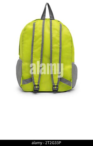 blank green backpack with zipper and shoulder straps isolated on white background. travel daypack rucksack. folding nylon school backpack. back view. Stock Photo