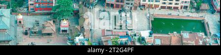 Aerial view of  Bagh Bhairab Temple, Kirtipur, hills, Kathmandu, palaces and buildings. Terraces and homes, city streets. Nepal. 10-13-2023 Stock Photo