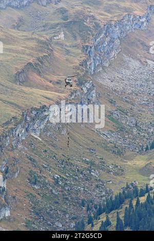 Kommandosoldaten des Schweizer Kommando Spezialkräfte KSK werden auf der Axalp nach ihrem Einsatz von einem Helikopter AS-332 Super Puma an einem Seil hängend aufgenommen und zügig verbracht. Flugvorführungen der Schweizer Luftwaffe auf dem Fliegerschiessplatz Axalp-Ebenfluh am 18. Oktober 2023. Axalp ob Brienz Kanton Bern Schweiz *** Commandos of the Swiss Special Forces Command KSK are picked up by a helicopter AS 332 Super Puma hanging on a rope on the Axalp after their mission and quickly taken away. Flight demonstrations of the Swiss Air Force on the air force firing range Axalp Ebenfluh Stock Photo