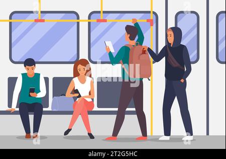 Wallet theft on public transport vector illustration. Cartoon passengers travel in subway train car or bus interior, people sitting on seats or standing, guy thief taking purse out of mans backpack Stock Vector