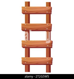 Wooden ladder, stairs portable construction with nails textured in cartoon style isolated on white background. Climbing, wood stairway. Vector illustration Stock Vector