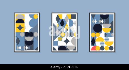 Three minimalist geometric paintings. Abstract mid century modern art posters framed on a wall. Stock Vector
