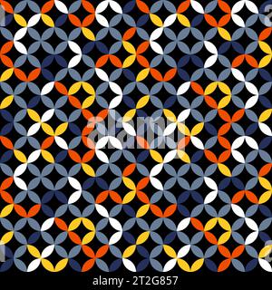 Dark blue, white and orange geometric pattern. Overlapping circles and ovals abstract retro fashion texture. Seamless pattern. Stock Vector