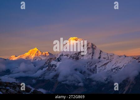 Makalu fifth highest mountain in the world at 8481m (left) and Chamlang 7319m  (right) beautiful sunset time shot from Mera peak High Camp. Beauty in Stock Photo