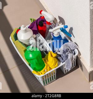 Greece, Europe.  01.10.2023.  Housekeeping equipment for cleaning hotel room. Plastic bottles, containers and cleaning clothes. Stock Photo