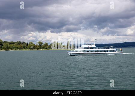 Lake Constance with passenger ship near Konstanz in summer with clouds Stock Photo