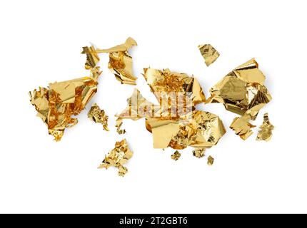 Many pieces of edible gold leaf isolated on white, top view Stock Photo