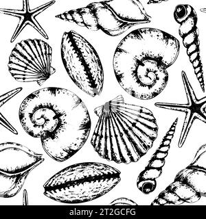 Seashell Pattern on isolated background. Hand drawn vector seamless linear ornament with Sea Shells for nautical wrapping paper or textile. Underwater illustration with cockleshell and scallop. Stock Vector