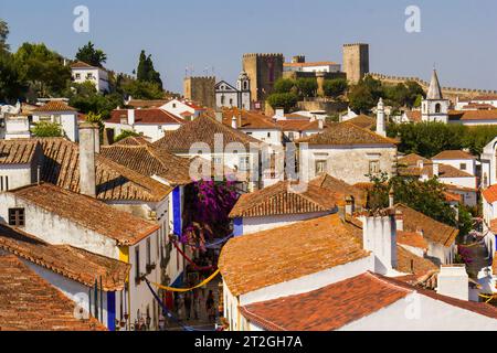 Flowered houses in Óbidos , Portugal Stock Photo