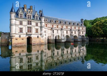 Chenonceau, Loire Valley, France - September 6, 2023: Wide view of the famous historical castle Chenonceau reflected on the Cher River Stock Photo