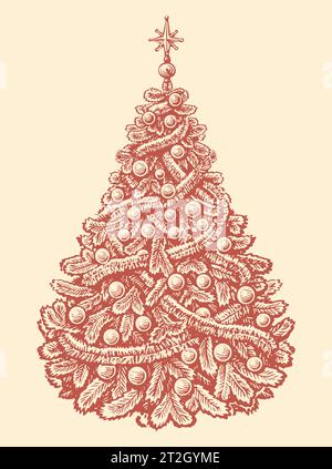 Hand drawn fir tree decorated with tinsel and balls in vintage style. Merry Christmas and Happy New Year Stock Vector