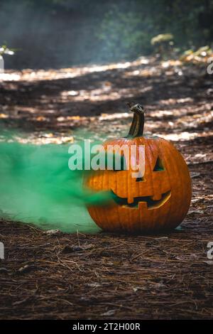 close up of a carved pumpkin for halloween with smoke coming out of the cut outs in a natural spooky forest setting Stock Photo