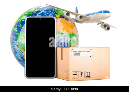 Parcel with mobile phone, Earth Globe and aeroplane. Global air freight and delivery, concept. 3D rendering isolated on transparent background Stock Photo