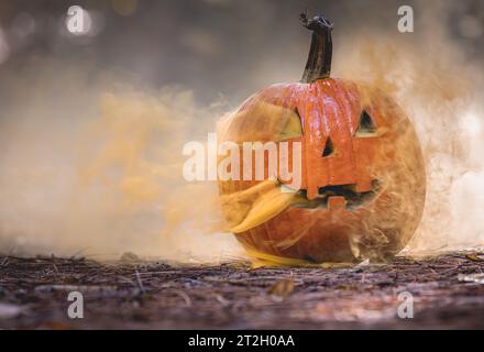 close up of a carved pumpkin for halloween with smoke coming out of the cut outs in a natural spooky forest setting Stock Photo