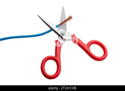 Electrician scissors cutting cable with exposed copper wires, isolated on white with clipping path included Stock Photo